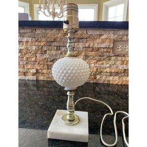 Vintage 12" High Hobnail Milk Glass Table Lamp W/ Marble Base